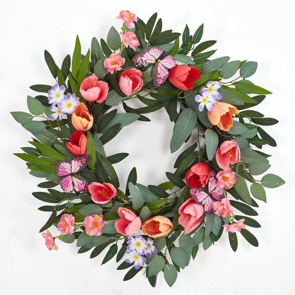 Spring Wreaths for Front Door, 20 Inch Tulip Wreath with Colorful Blooms, Eucalyptus Leaves and Butterflies price history on PriceWatchPro