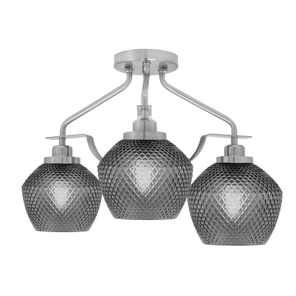 Monroe 16.75 in. 3- Light Brushed Nickel Shaded Flush Mount with 6 in. Smoke Textured Glass No Bulbs Included