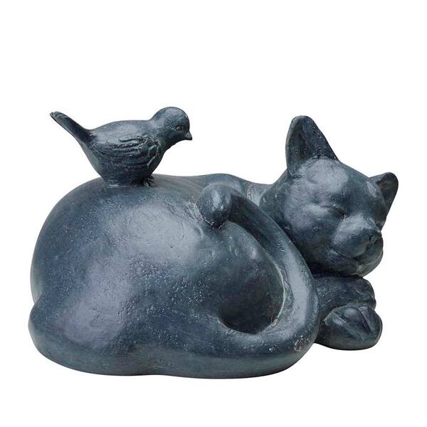 Cast Stone Contented Cat Garden Statue - Antique Gray