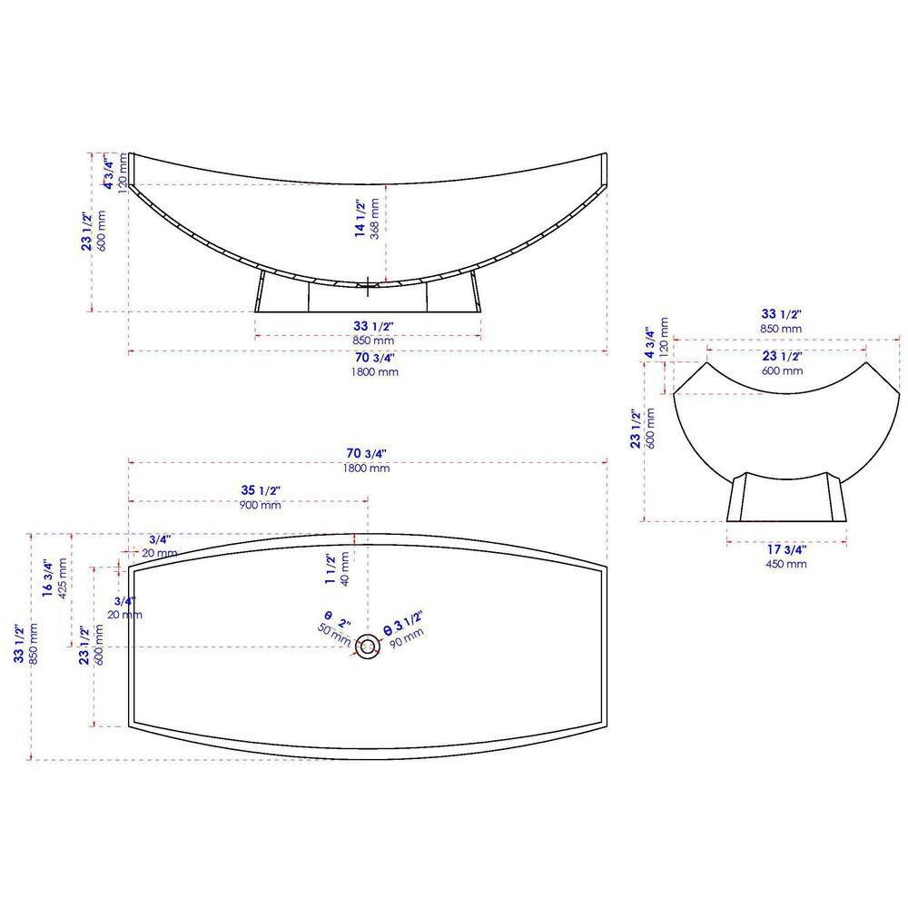 71" Black Matte Solid Surface Hammock Freestanding Bathtub