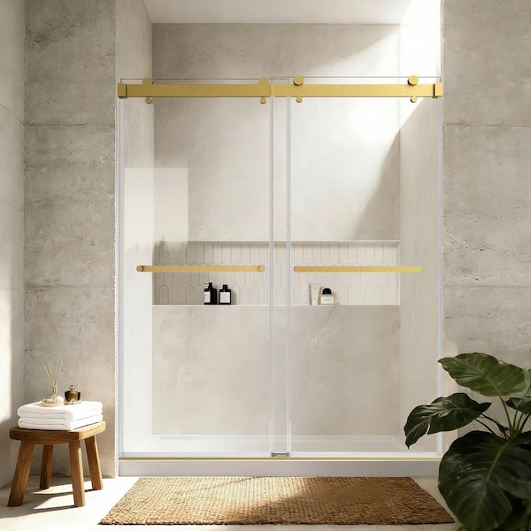 50 - 54 in. W x 76 in. H Double Sliding Frameless Shower Door in Brushed Gold Finish with 3/8 in. Clear Tempered Glass
