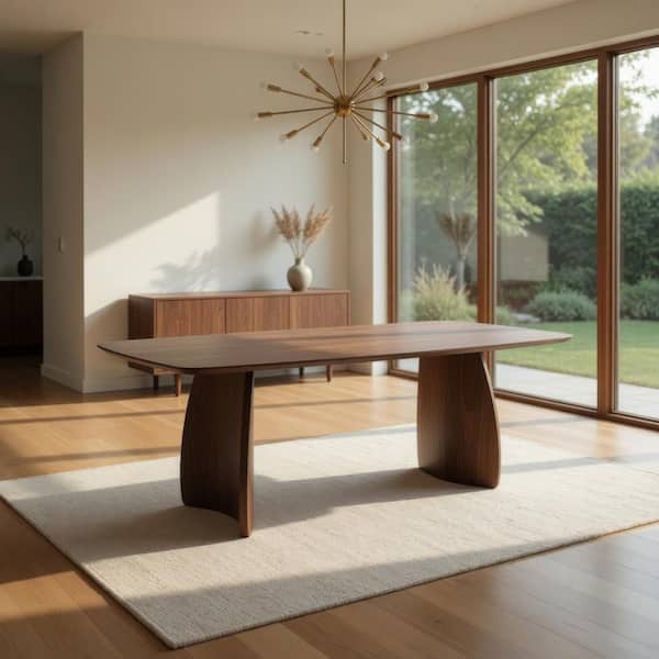 Hamza Walnut Brown Wood 35 in. Column Base Rectangular Dining Table Seating for 6