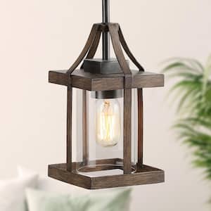 1-Light Rustic Caged Textured Dark Brown Farmhouse Pendant Light with Modern Clear Glass Shade and Antique Wood Accent
