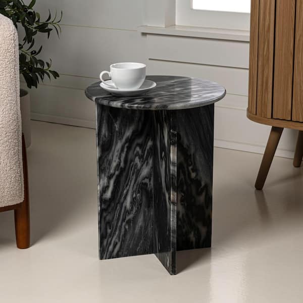 JONATHAN Y Javier 14 in. Black/Gray Contemporary Natural Marble Handmade Round X-Shaped End Table