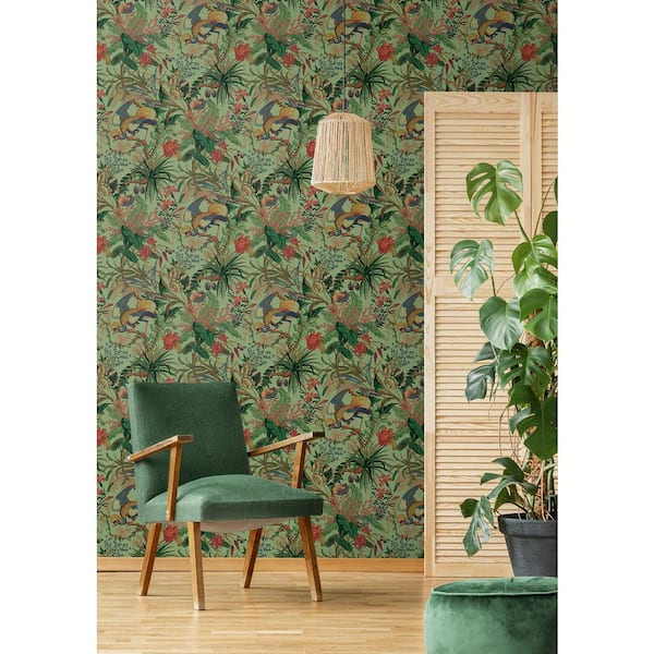 30.75 sq. ft. Seagreen Tropical Canopy Vinyl Peel and Stick Wallpaper Roll