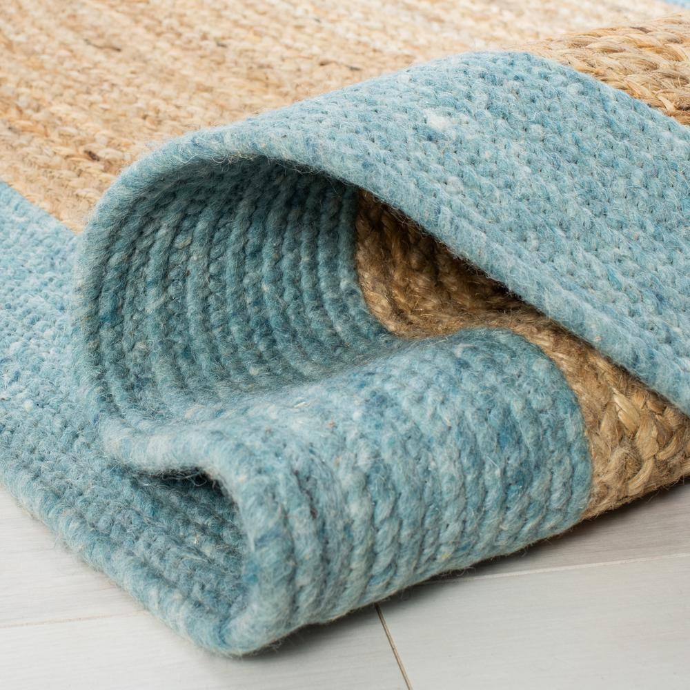 Handmade Blue and Natural Oval Braided Wool Cotton Rug 5' x 7'