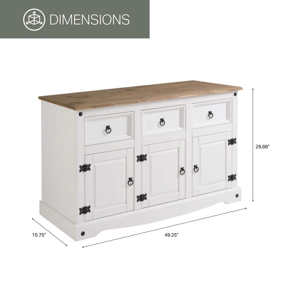 Distressed White Pine Wood Cottage Sideboard with Antique Brown Top
