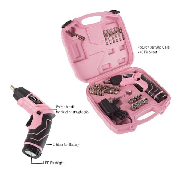 Pink Pivoting Head Great Working Tools Cordless Screwdriver Set Flashlight and Case for Home Repair Projects 45-Piece Power Screwdriver with 3.6v Lithium-Ion Battery 