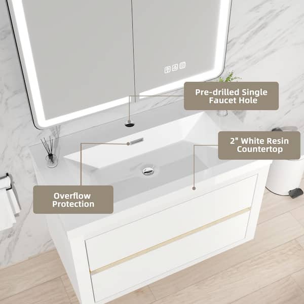 Ziyudura 36 in. Single Sink Floating White Bath Vanity with White