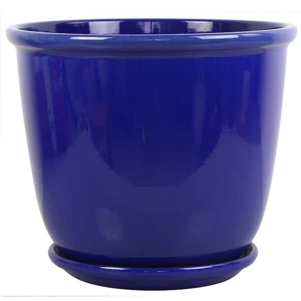 Vigoro 14 in. Delphine Blue Glazed Plastic Planter (14 in. D x 12 in. H) with Drainage Hole and Attached Saucer