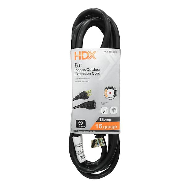 HDX 8 ft. 16/3 Light Duty Indoor/Outdoor Extension Cord, Black