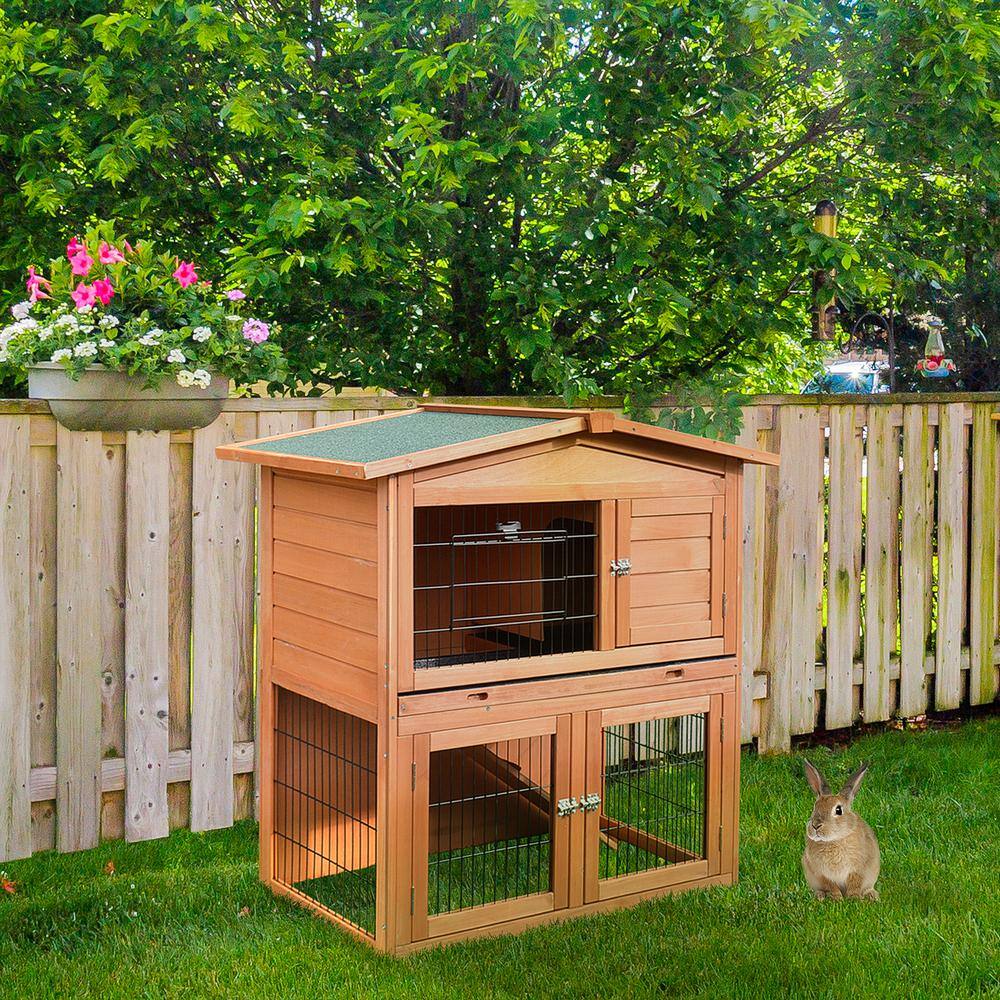 40" Natural Fir Wood Rabbit Hutch with Ramp and Tray