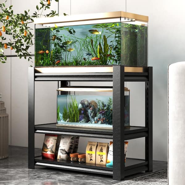 31.5 in. H 3-Shelf Black Metal Pantry Organizer 40-50 Gal. Fish Tank Stand Metal Shelving with Adjustable Shelves