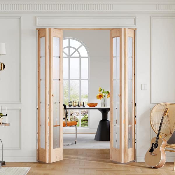 48 in. x 80 in. 2-PACK Full-Lite Frosted Glass Unfinished Spruce Solid Core Wood Interior Bi-Fold Door with Hardware