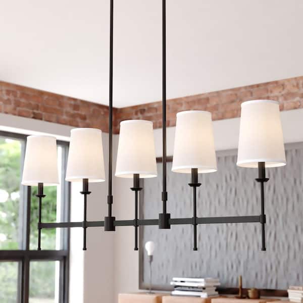 Camden 5-Light Matte Black Linear Chandelier Island Pendant Fixture White Fabric Shade, LED Compatible