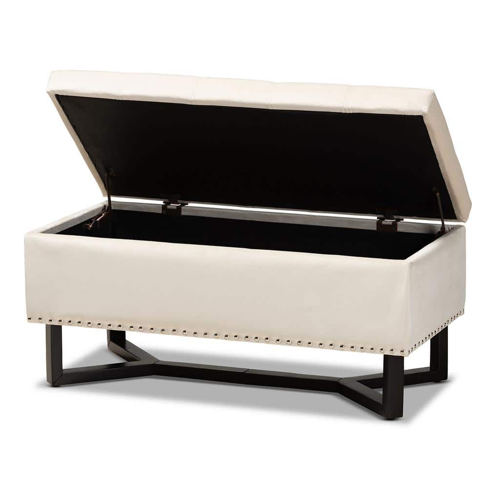 Esther Beige Velvet and Dark Brown Wood Tufted Storage Ottoman