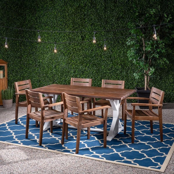 Noble House Kentwood Dark Brown 7-Piece Acacia Wood Rectangular Table Outdoor Patio Dining Set