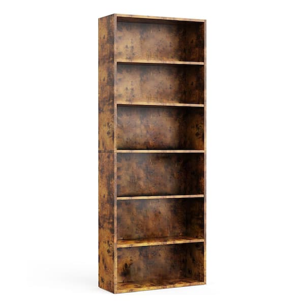 Tileon 6-Shelf Brown Freestanding MDF Open Bookcase, Pantry Display Storage Shelves for Kitchen, Living Room, Office, Bedroom