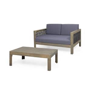 Randal Gray Acacia Wood and Mixed Gray Wicker Outdoor Loveseat and Coffee Table Set with Dark Gray Cushions
