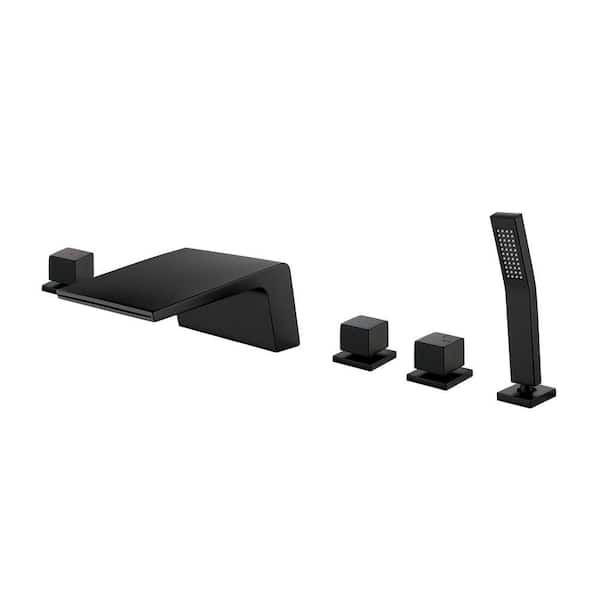 3-Handle Deck-Mount Roman Tub Faucet with Hand Shower, 5 Hole Bathtub Shower Faucet with Wide Spout in Matte Black