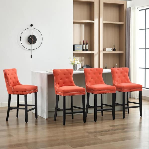 27.56 in. Orange Fabric Upholstered Seat Solid Wood Leg Bar Tool, Breakfast Chairs with Back (Set of 4)