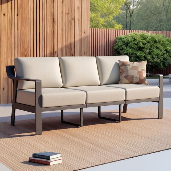 Dominic Gray Olefin Wood-grain Aluminum 3-Seat Outdoor Couch with 6.3 in. Cushion,Rust-resistant,Weatherproof
