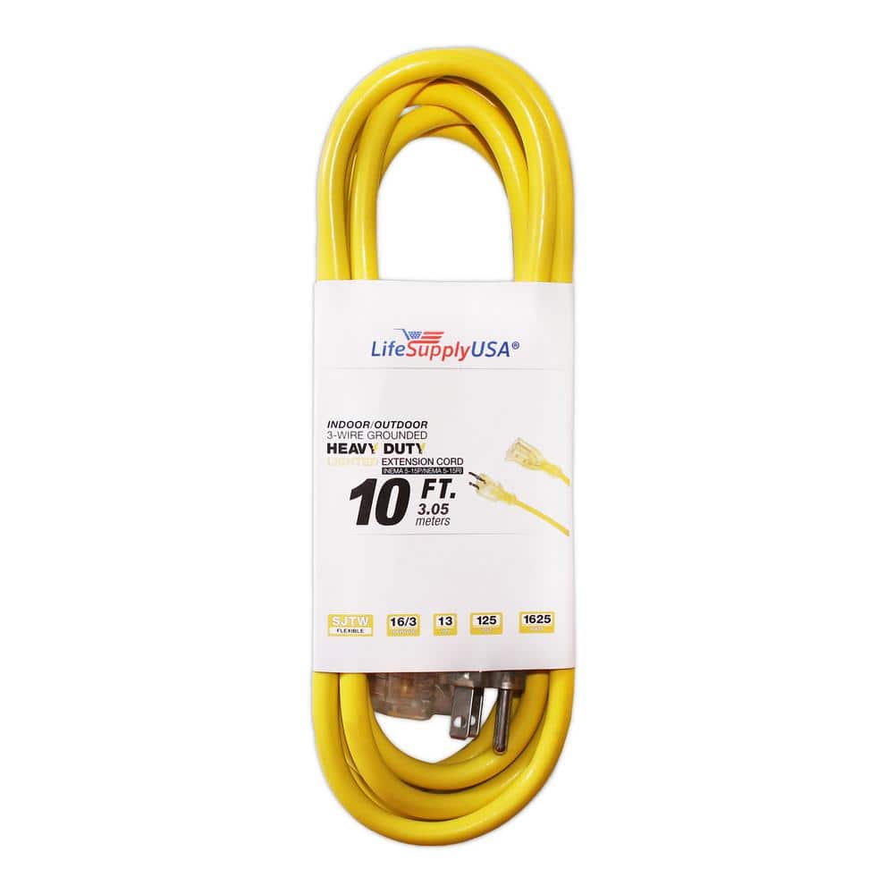 LifeSupplyUSA 10 ft. 16/3 SJT 13 Amp 125-Volt 1625-Watt Lighted End Indoor/Outdoor  Heavy-Duty Extension Cord (50-Pack) 5016310FT The Home Depot