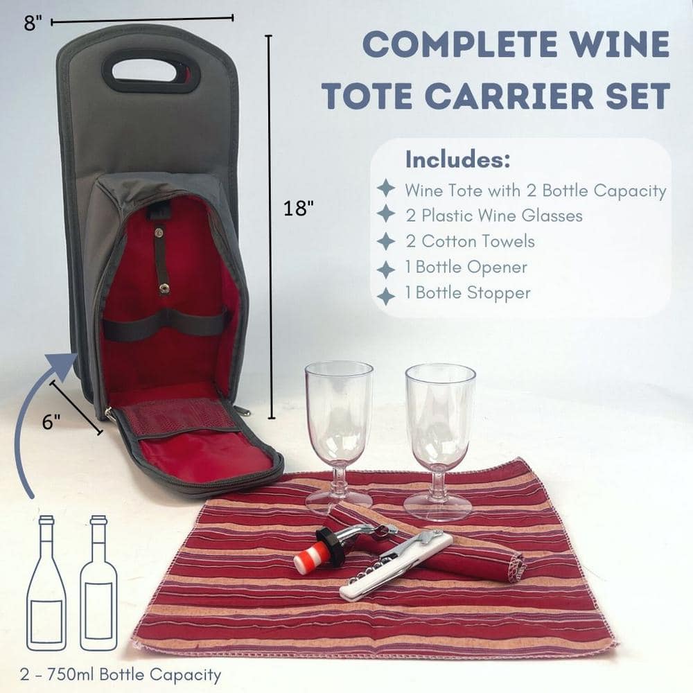 Gray and Red 7-Piece Insulated Picnic Tote Set with Wine Carrier