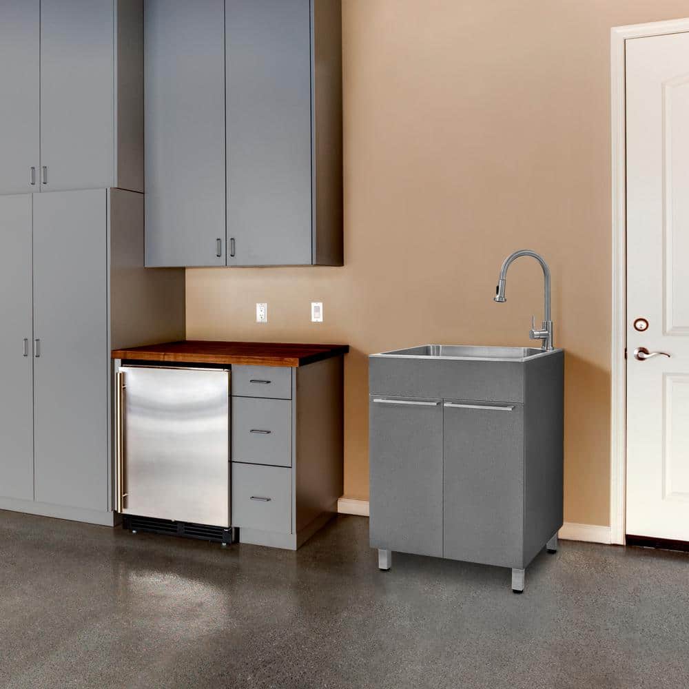 Gray Stainless Steel Drop-In Utility Sink with Faucet and Cabinet