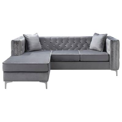 Paige 87 in. Square Arm Velvet Specialty Tufted L Shaped Sofa in Gray