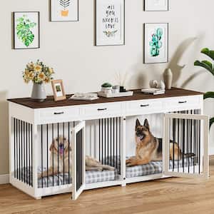 Large Dog Crate Furniture, 86.6 in. Wooden Dog Crate Kennel w/4-Drawers and Divider, Dog Crates for 2 Large Dogs, White
