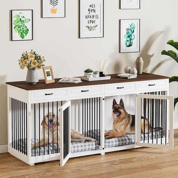 Large Dog Crate Furniture, 86.6 in. Wooden Dog Crate Kennel w/4-Drawers and Divider, Dog Crates for 2 Large Dogs, White