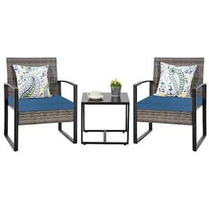 3-Piece Gray Wicker Outdoor Bistro Set with Blue Cushion