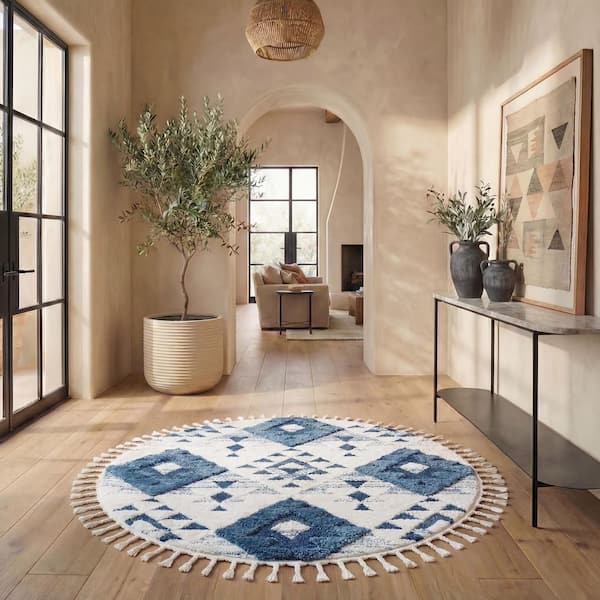 Moroccan Tassel 7 ft. x 7 ft. Blue/Ivory Geometric Round Rug