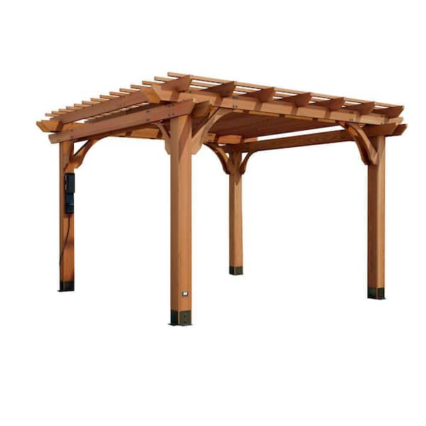 Beaumont 12 ft. x 12 ft. Light Brown Cedar Wood Outdoor Patio Pergola with Trellis Roof and PowerPort