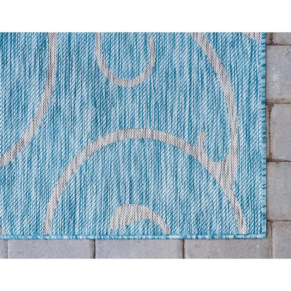Aqua Blue 9' x 12' Abstract Synthetic Outdoor Rug