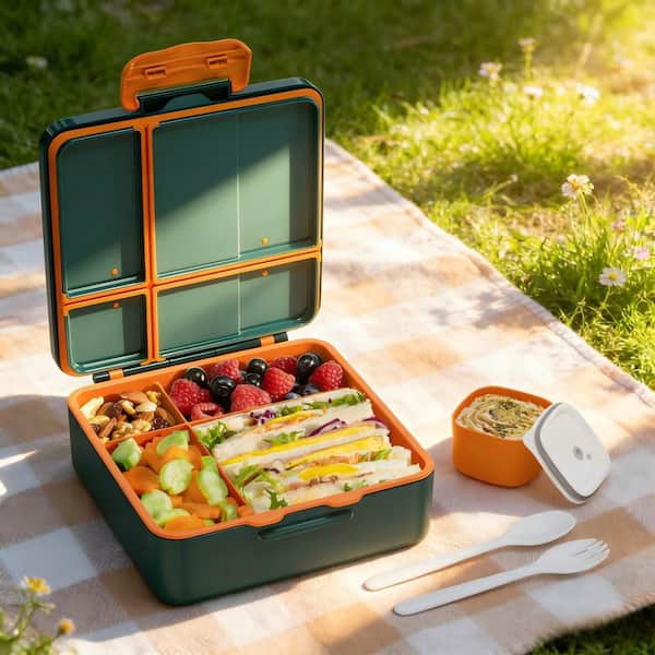 Playful Green Dinosaur Reusable Lunch Bag (Set of 1) - 4-Compartment Leak-Proof Bento Box, BPA Free Lunch Containe