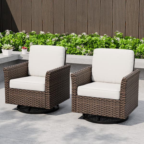 EAGLE PEAK 2-Color Brown Wicker Outdoor Rocking Chair Patio Swivel Chair with Beige Cushions, Wide Armrest (2-Pack)