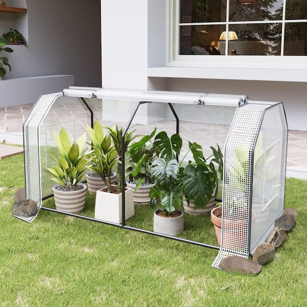 24 in. H x 24 in. D x 48 in. W Mini Hexagonal Portable Greenhouse w/Roll-Up Zipper Doors, Double-Layer PE and Mesh Cover