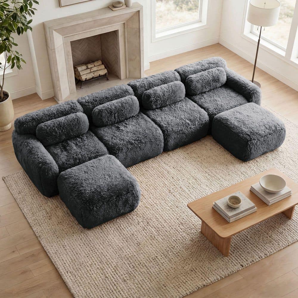149 in. Track Arm 6-Piece Polyester Modular Sectional Sofa with Armrests in Dark Gray