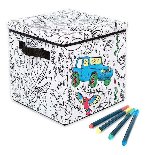 Kid's White Coloring Storage Cube Bin with lids including 4 Pack of  Washable Markers