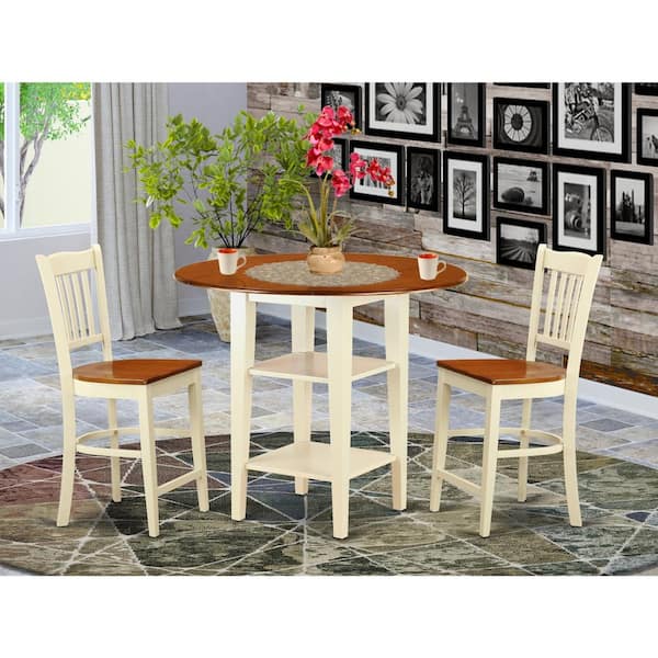 East West Furniture 3-Piece Buttermilk and Cherry Finish Round Solid Wood Top Counter Height Dining Table Set