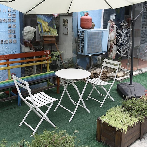 Unbranded 3-Piece White Metal Outdoor Bistro Set with Foldable Round Table