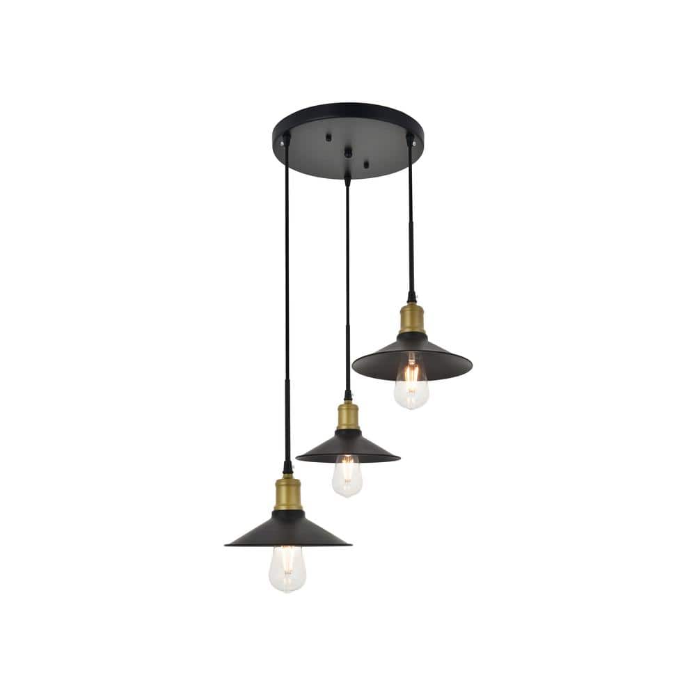 Timeless Home 19.3 in. 3-Light Brass And Black Pendant Light, Bulbs Not Inc