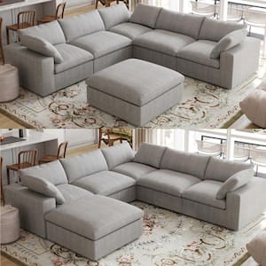 120 in. Modular Linen Flannel Upholstered Free Combination Large 6-Seat L-shape Corner Sectional Sofa with Ottoman, Gray