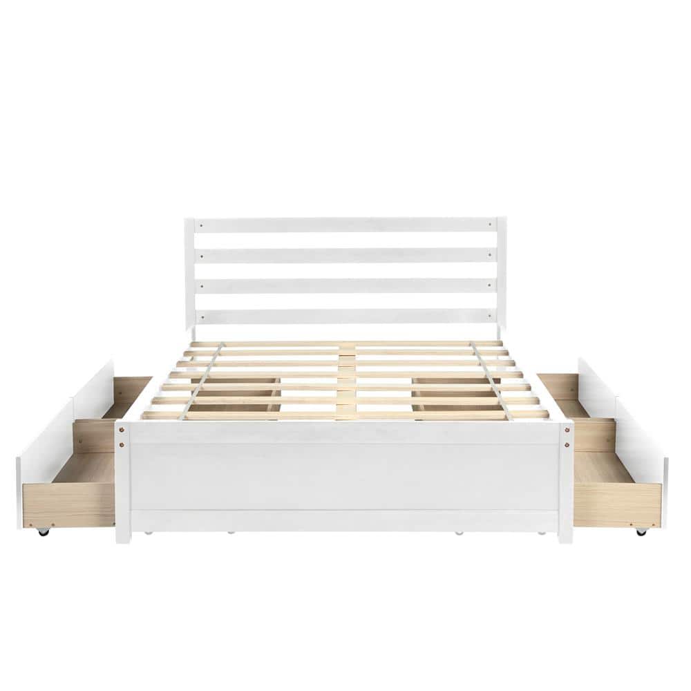 White Full Size Pine Wood Platform Bed with Storage Drawers