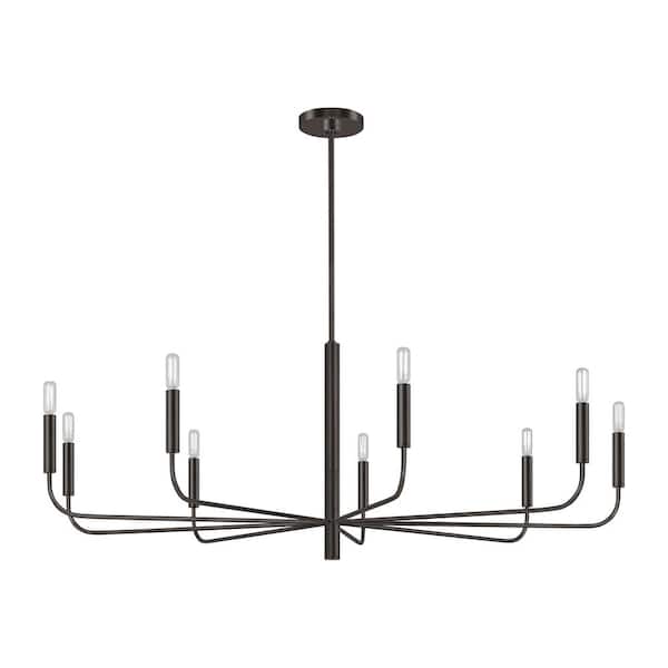 Generation Lighting - Brianna Wide 9-Light Aged Iron Minimalist Modern Hanging Candlestick Chandelier with Swivel Canopy