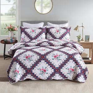 B024 Printed 3-Piece Purple Floral Polyester Queen Size Lightweight Quilt Set