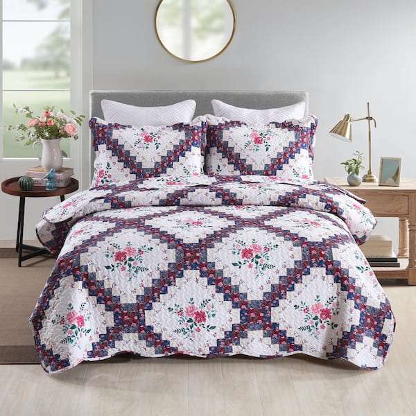 MarCielo B024 Printed 3-Piece Purple Floral Polyester Queen Size Lightweight Quilt Set