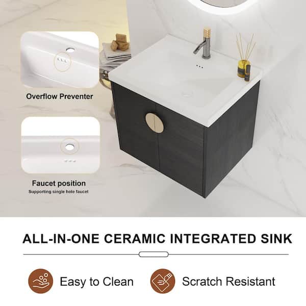 Modern 23.8 in. W x 18.5 in. D x 20.7 in. H Floating Bath Vanity in Black with White Ceramic Top
